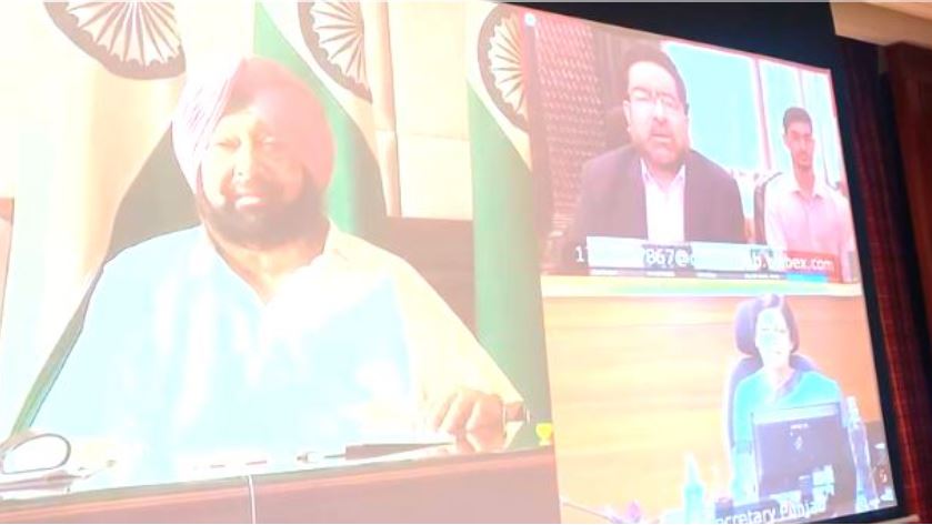 Amarinder during a virtual meeting meeting with Chairman Aditya Birla Group Kumar Manglam Birla for more investments in Punjab