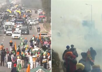 Teargas shells were deployed from a drone as farmers attempted to breach the barricades at the Punjab-Haryana border during the ongoing Farmers Protest 2024.